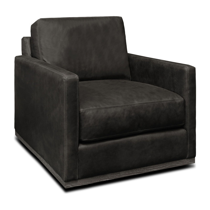 Anthracite Top Grain Leather Swivel Armchair with Brown Wood Base