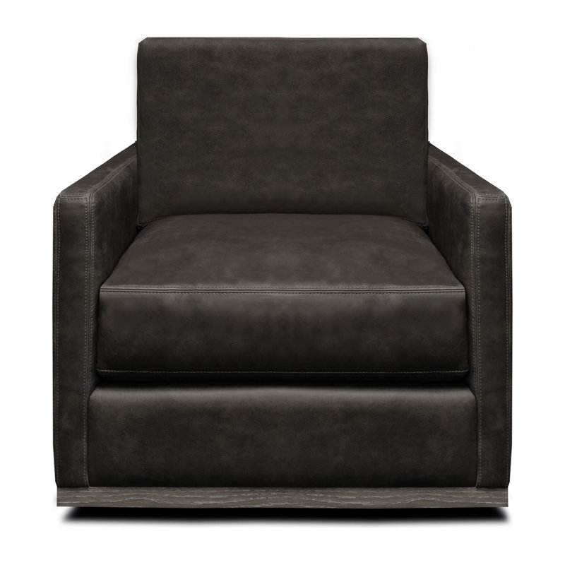 Anthracite Top Grain Leather Swivel Armchair with Brown Wood Base