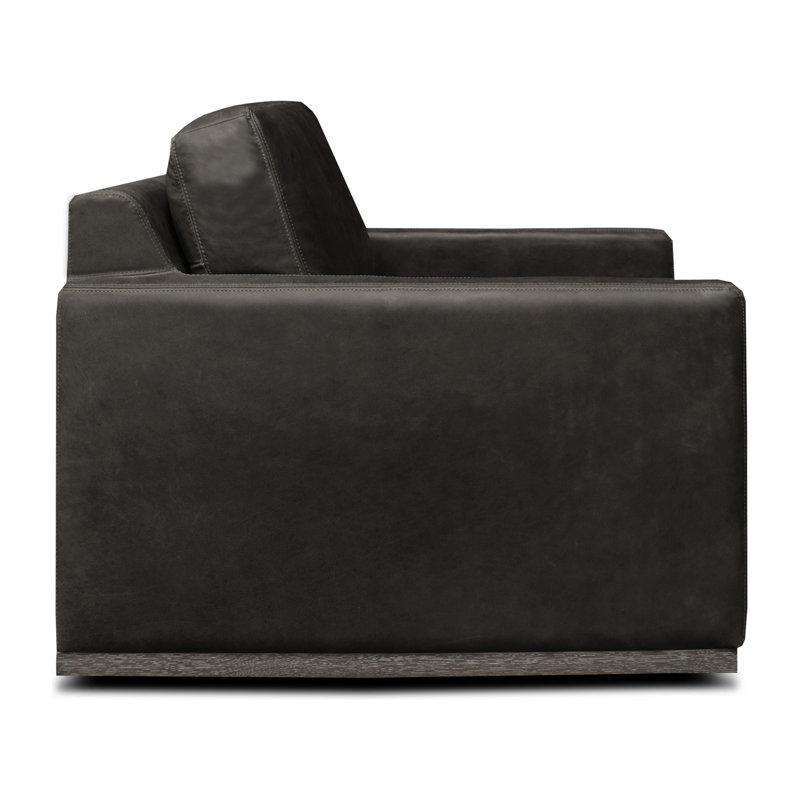 Anthracite Top Grain Leather Swivel Armchair with Brown Wood Base