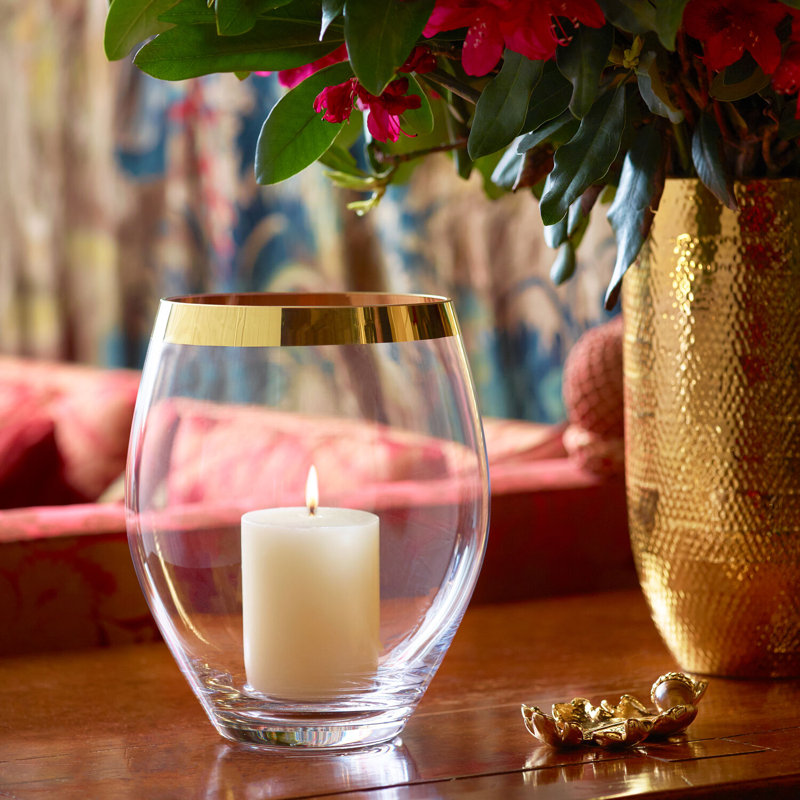 Small Clear Glass Hurricane Candle Holder with Gold Rim