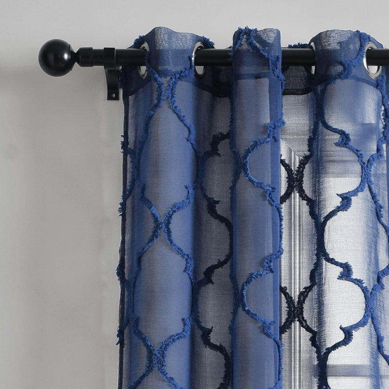 Navy Trellis Pattern Sheer Grommet Drapes, 84" x 38"