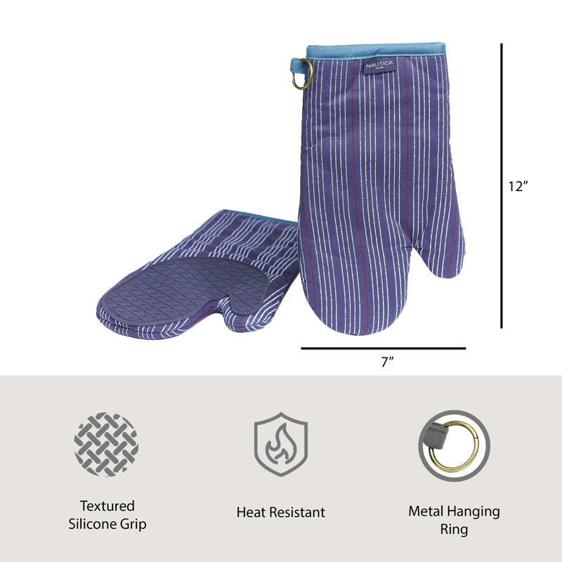 Navy Striped Cotton Oven Mitts with Silicone Palm