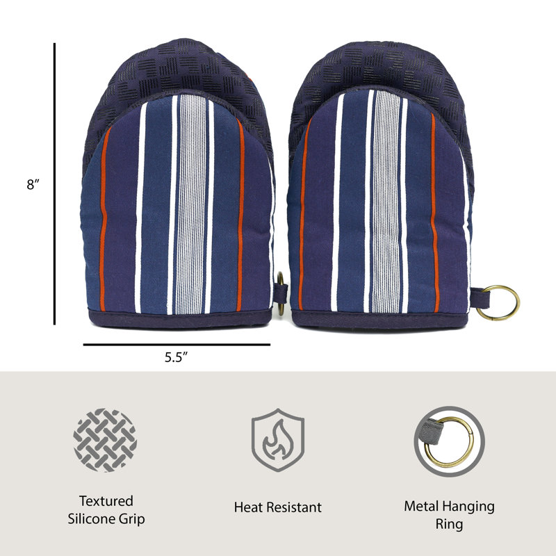 Navy Stripe Cotton Mini Oven Mitts with Silicone Palm