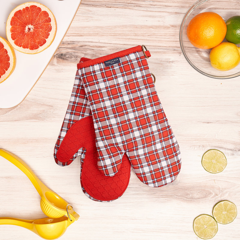 Red Plaid Cotton Oven Mitts with Silicone Palm, Set of 2