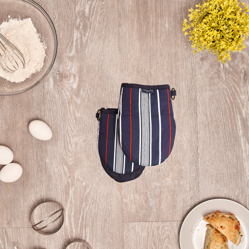 Navy Stripe Cotton Mini Oven Mitts with Silicone Palm