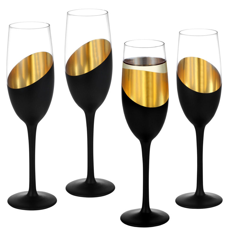 8 oz Black and Gold Stemmed Champagne Flutes, Set of 4