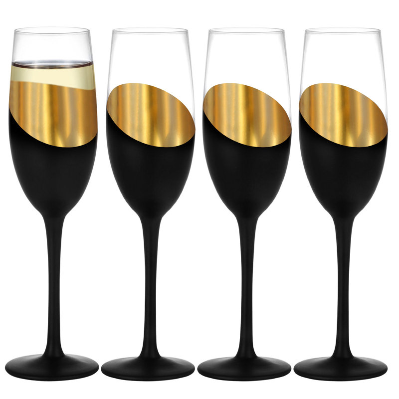 8 oz Black and Gold Stemmed Champagne Flutes, Set of 4