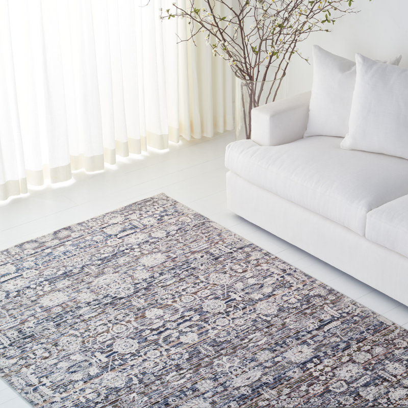 Light Blue and Ivory Hand-Knotted Polyester Area Rug