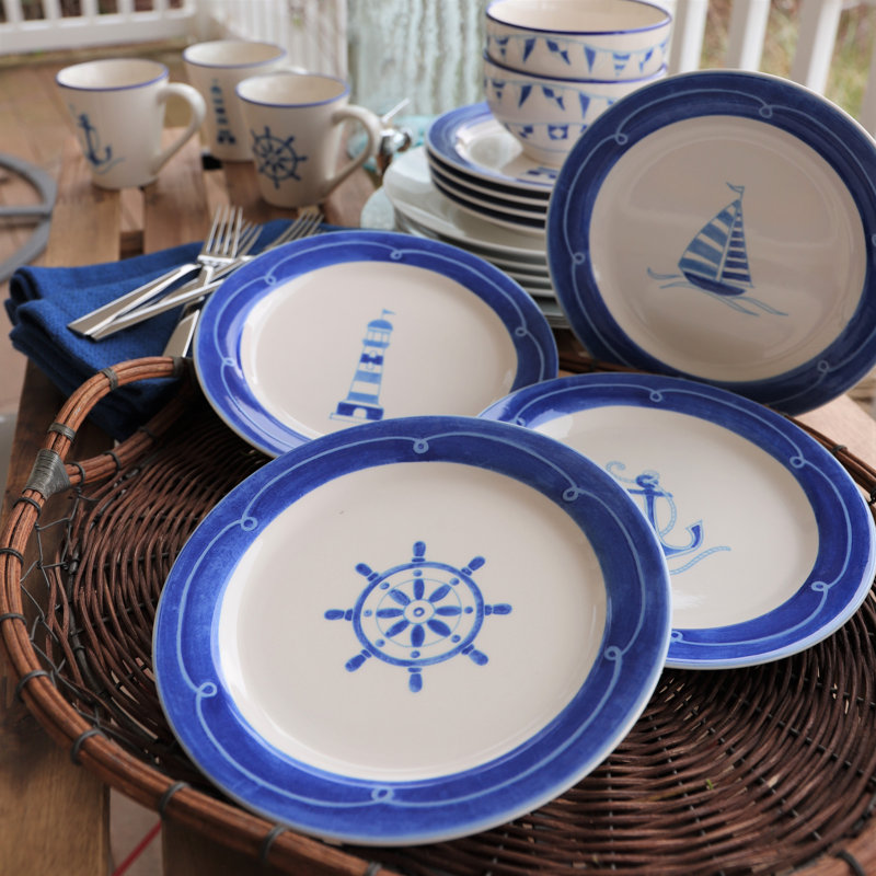Nautical Blue and White Ceramic Salad Plates Set