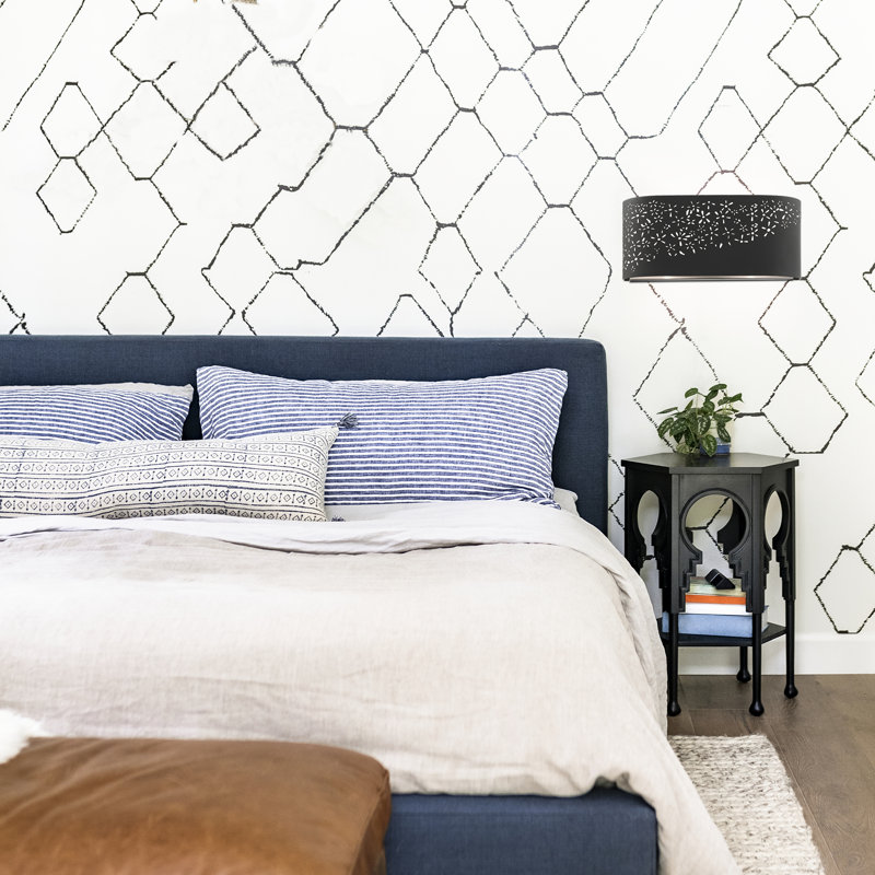 Noria Organic Laser Cut Black Steel 2-Light Vanity Sconce with Off-White Linen Shade