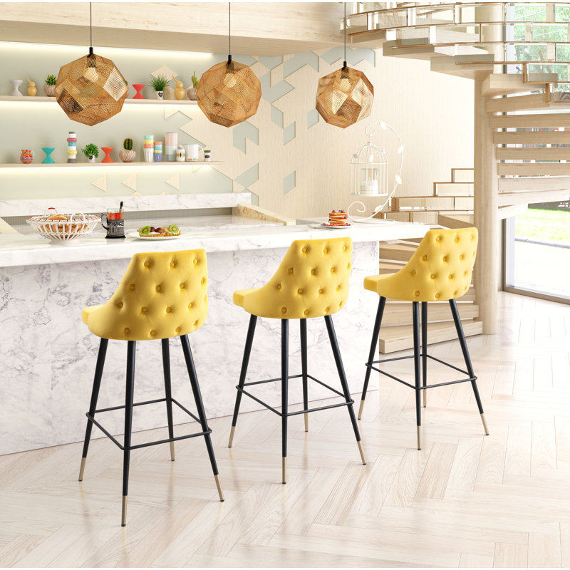 Yellow Velvet and Metal Counter Stool with Tapered Back