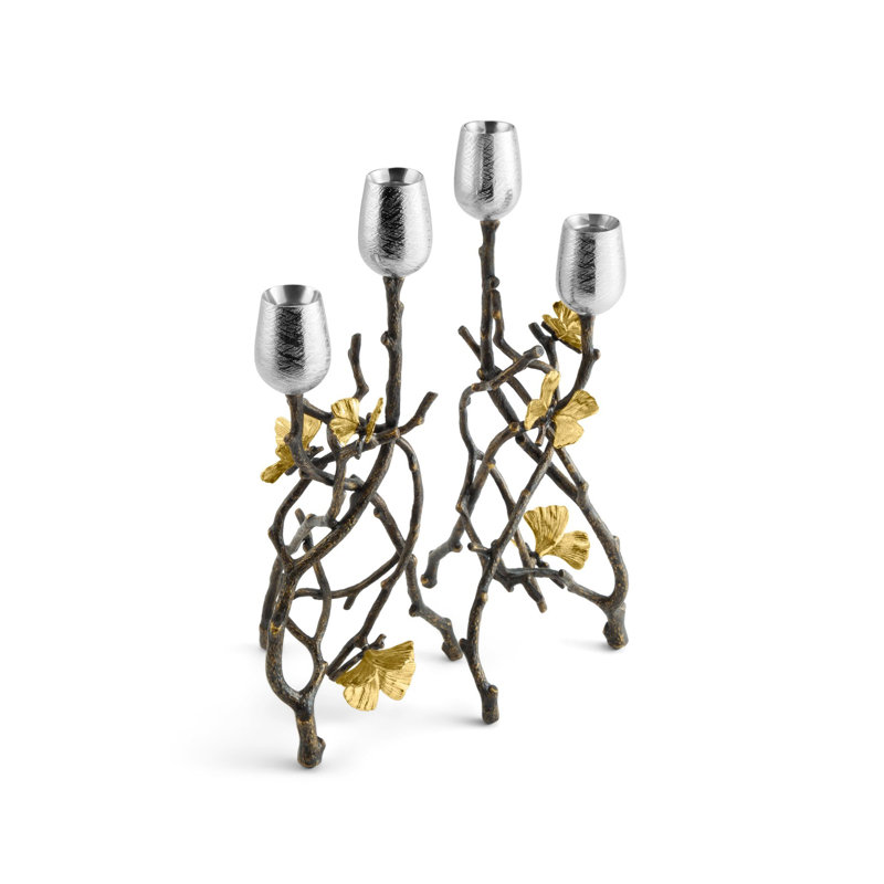 Butterfly Ginkgo Brass and Nickel Taper Candle Holders