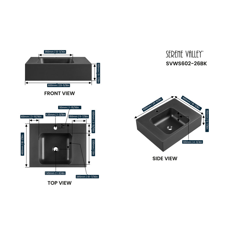 Matte Black Granite Wall-Mount Square Bathroom Sink