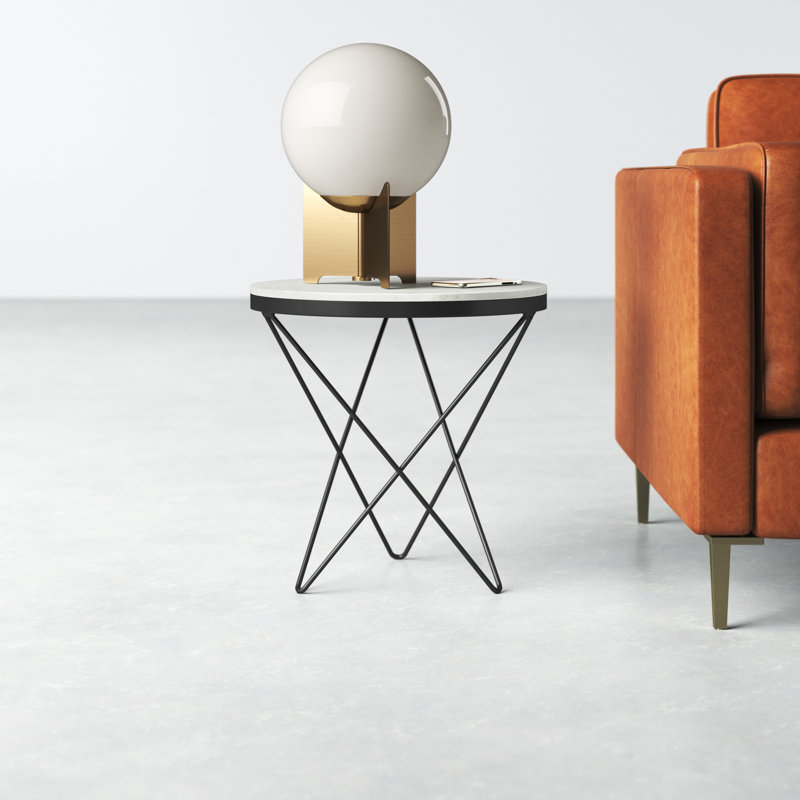 Round White Marble Top End Table with Black Metal Base