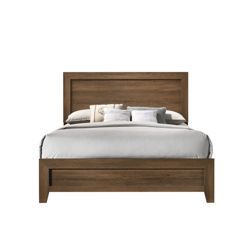 Elegant Oak Queen Bed with Upholstered Headboard and Storage Drawer