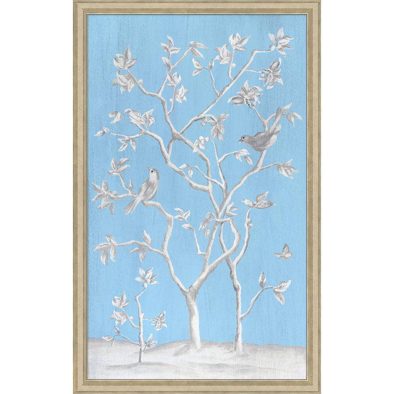 Silver Leaf Framed Watercolor Bird Print with Blue Background