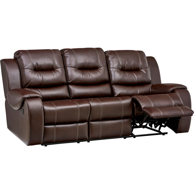 Rustic Brown Faux Leather Tufted Reclining Sofa with Metal Legs