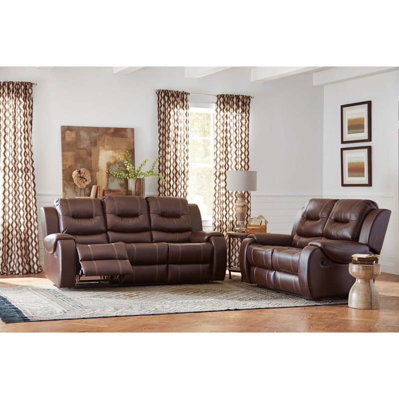 Rustic Brown Faux Leather Tufted Reclining Sofa with Metal Legs