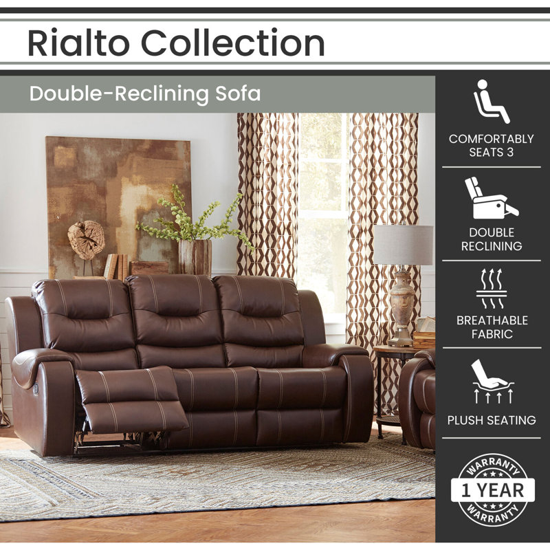 Rustic Brown Faux Leather Tufted Reclining Sofa with Metal Legs