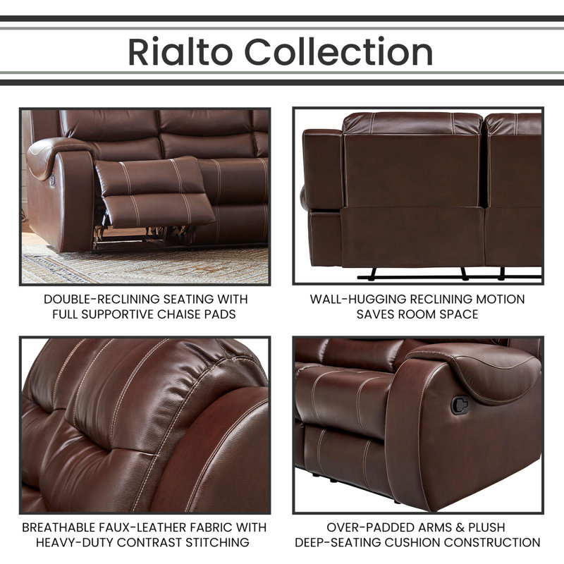 Rustic Brown Faux Leather Tufted Reclining Sofa with Metal Legs