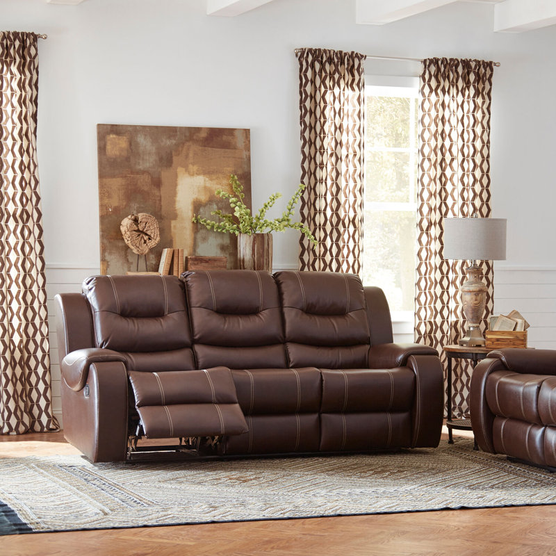 Rustic Brown Faux Leather Tufted Reclining Sofa with Metal Legs