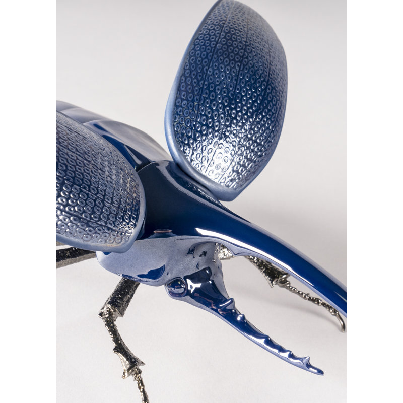 Blue Porcelain Hercules Beetle Sculpture with Brass Legs