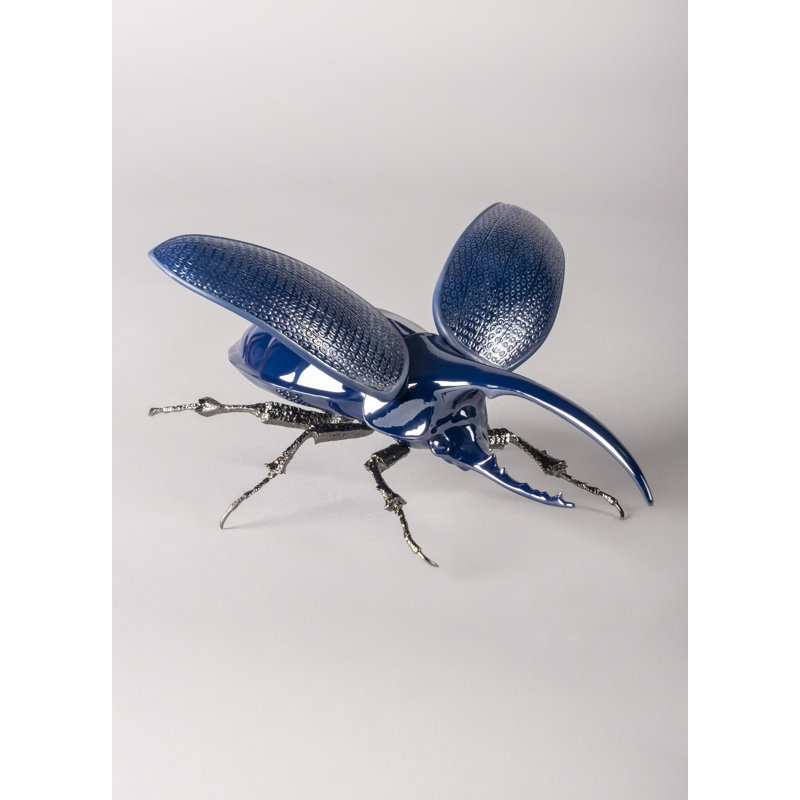 Blue Porcelain Hercules Beetle Sculpture with Brass Legs