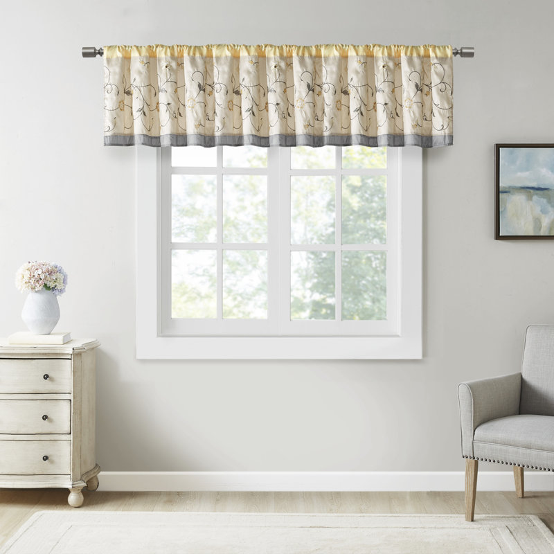 Yellow Floral Embroidered Rod Pocket Window Valance
