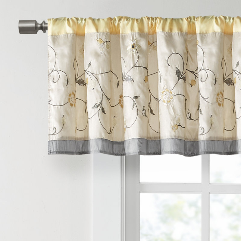 Yellow Floral Embroidered Rod Pocket Window Valance