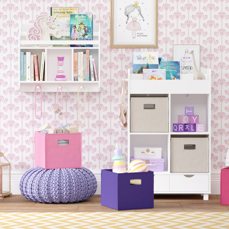 Playtime White Wall-Mounted Shelf with Bookrack and Cubbies for Kids