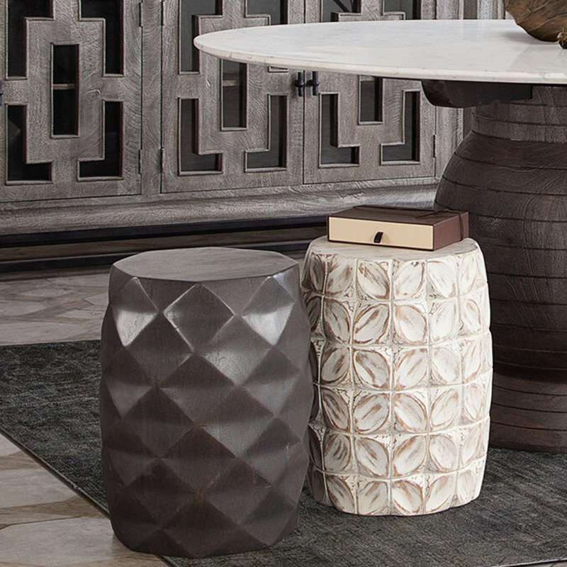 Fig Solid Mango Wood Round Drum End Table in Distressed White