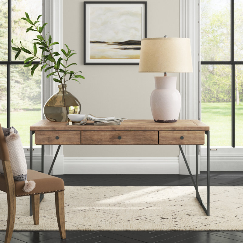 Gray and Brown Wood Home Office Desk with Drawers