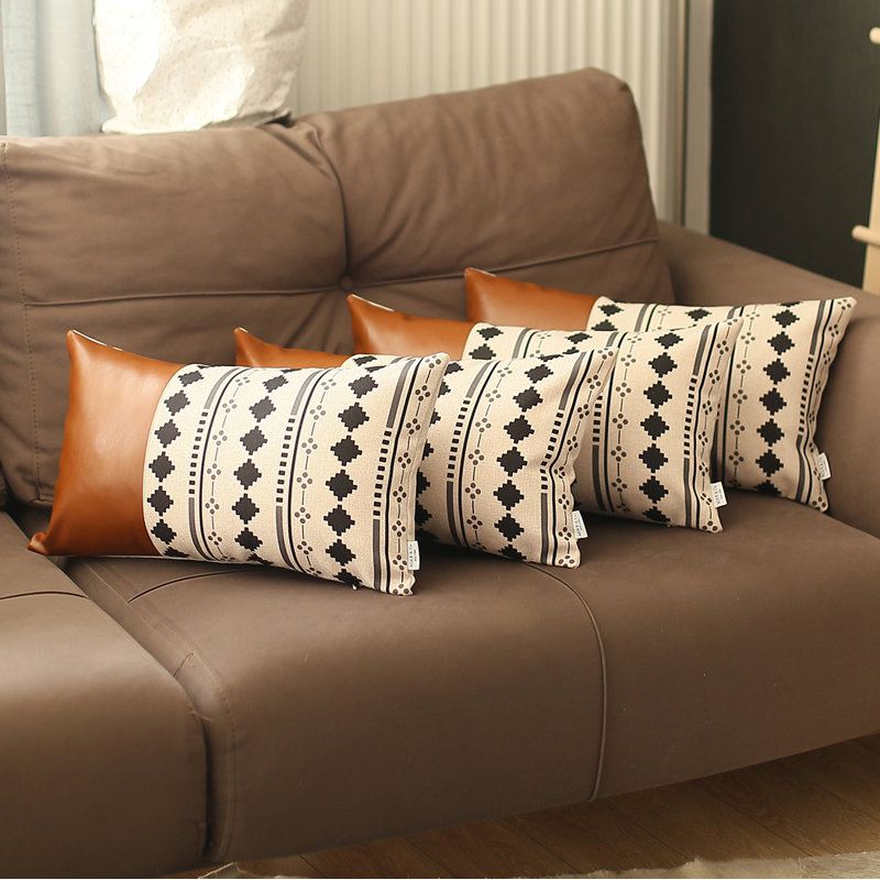 Brown and Ivory Geometric Faux Leather Lumbar Pillow Cover Set