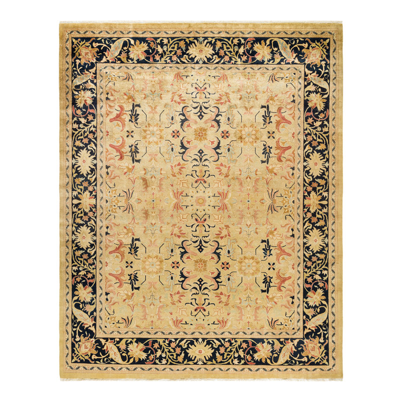 Hand-Knotted Beige and Black Wool Floral Area Rug