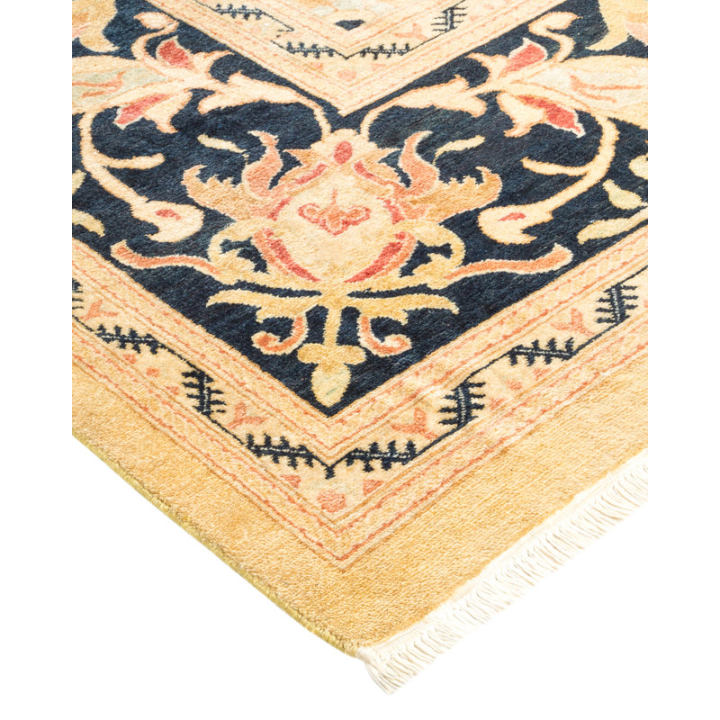 Hand-Knotted Beige and Black Wool Floral Area Rug