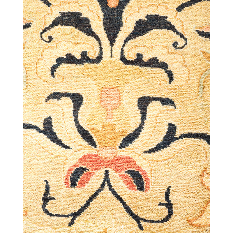 Hand-Knotted Beige and Black Wool Floral Area Rug