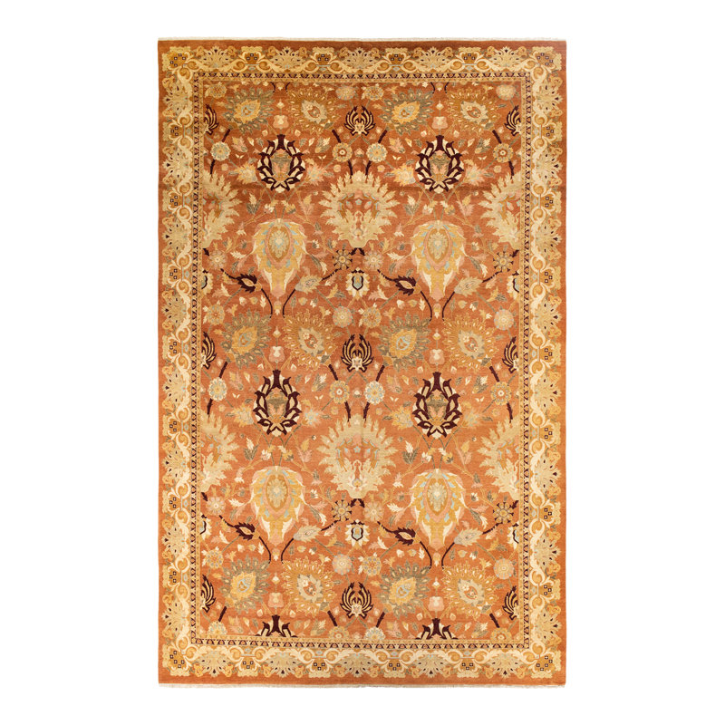 Hand-Knotted Bronze and Beige Wool Floral Area Rug