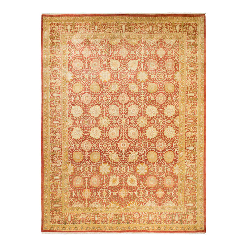 Hand-Knotted Rust and Beige Floral Wool Area Rug 9'1" x 12'1"