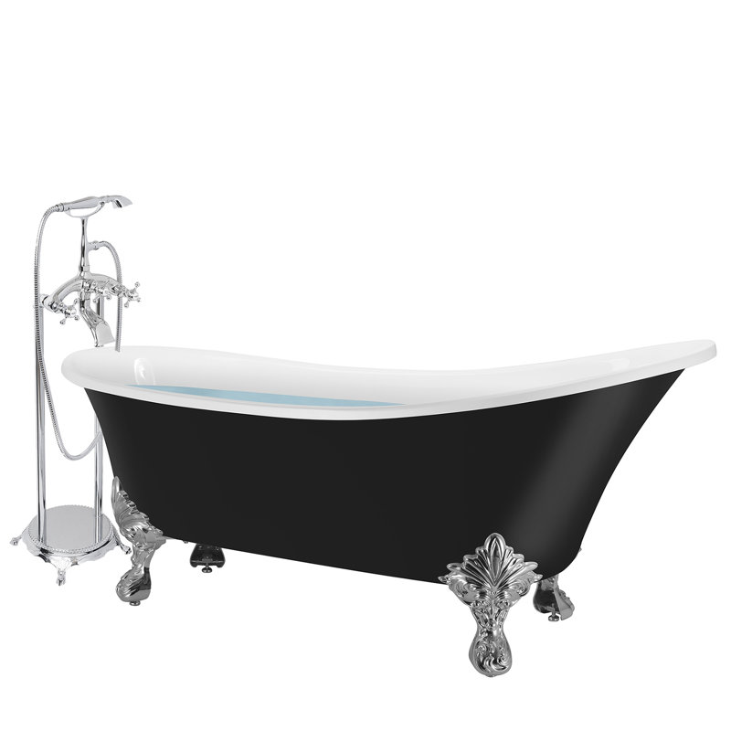 60'' Glossy Black Acrylic Clawfoot Freestanding Bathtub with Chrome Faucet