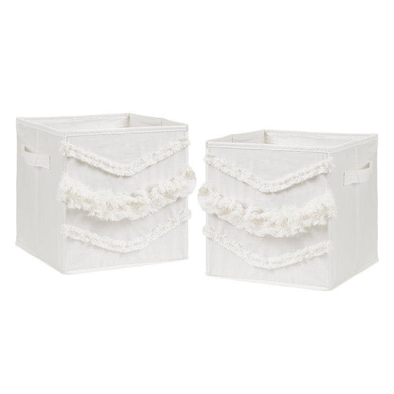 Ivory Boho Fringe Foldable Fabric Storage Cubes Set of 2