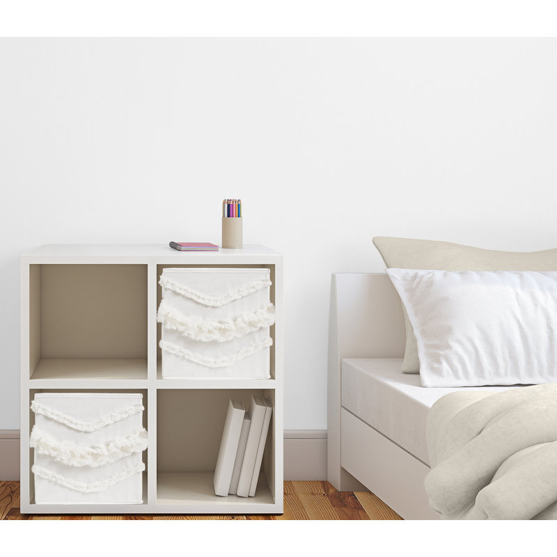 Ivory Boho Fringe Foldable Fabric Storage Cubes Set of 2