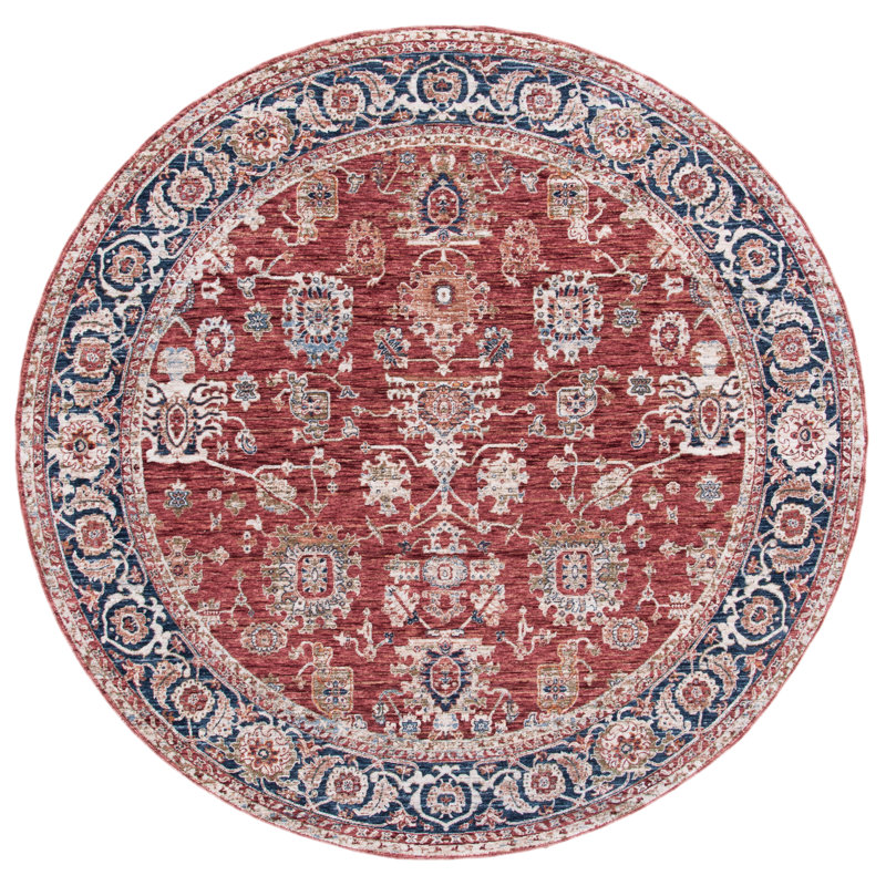 Handmade Red Oriental Round Polyester Area Rug 6'7"