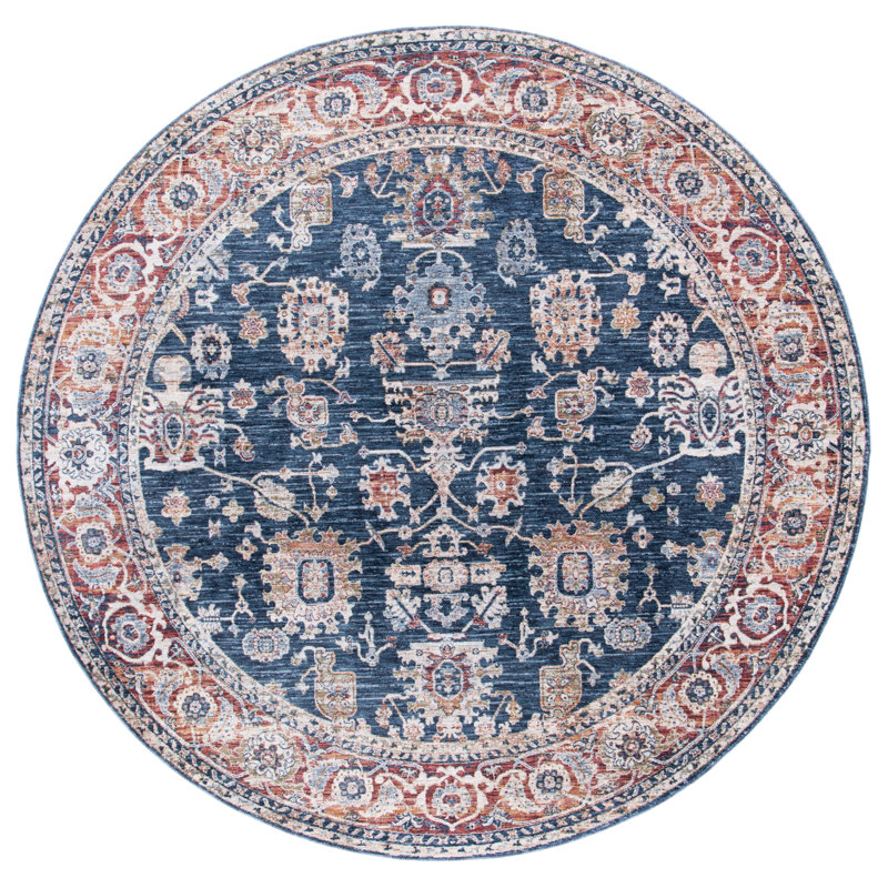 Round Blue and Red Oriental Synthetic Rug with Tassels