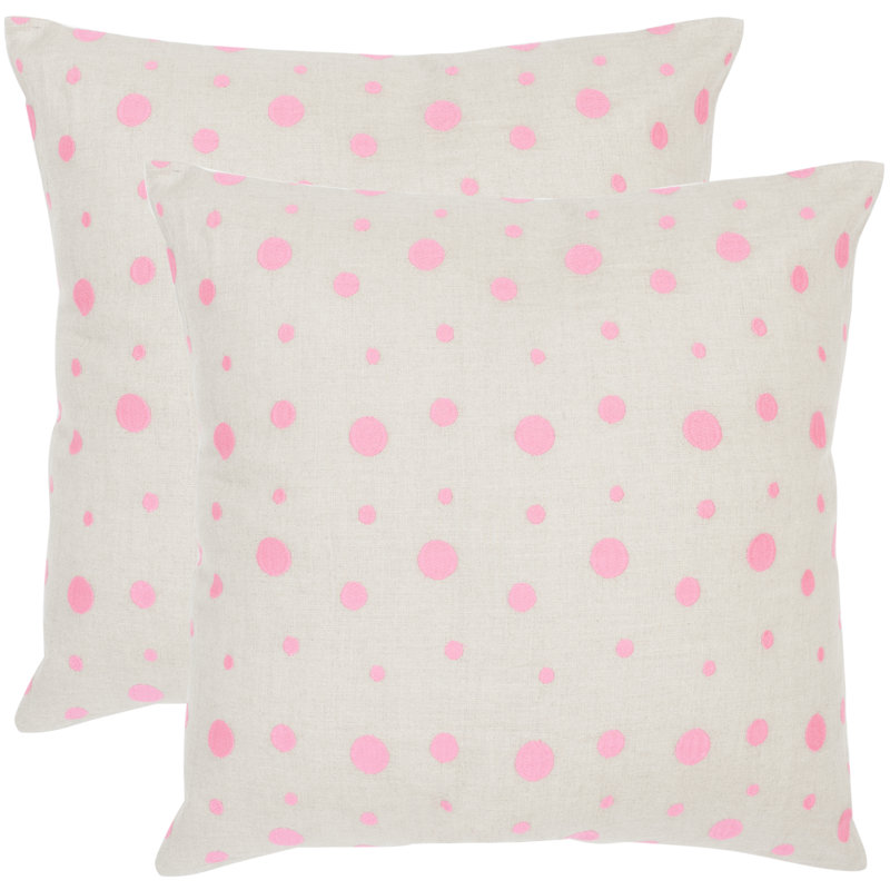 Pink Polka Dot Embroidered Linen Throw Pillow Set