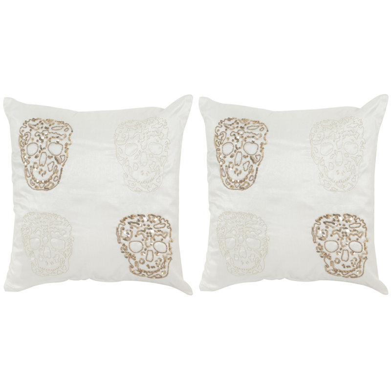 Gold Embroidered Skull Cotton Throw Pillow Set