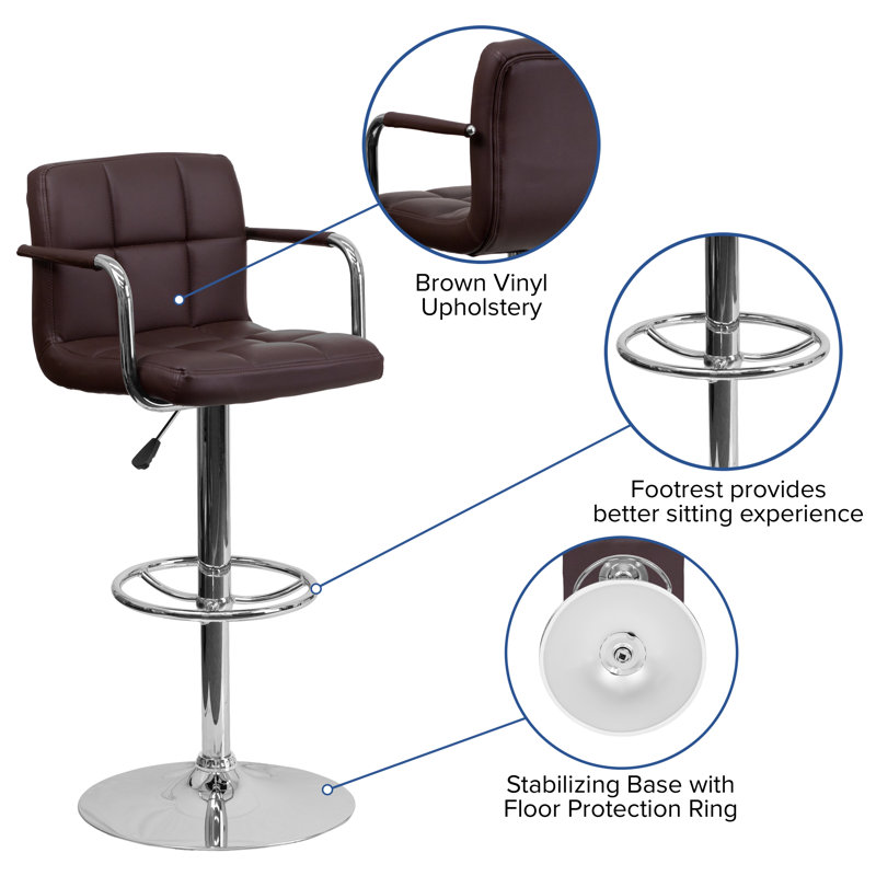 Elegant Adjustable Swivel Bar Stool in Quilted Brown Vinyl
