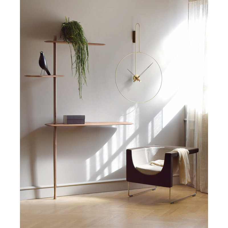 Large Walnut and Brass Minimalist Wall Clock