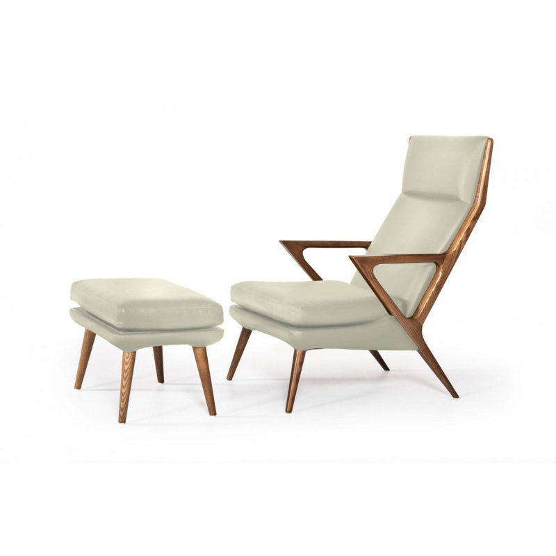 Beige Faux Leather Lounge Chair with Ottoman and Wood Frame
