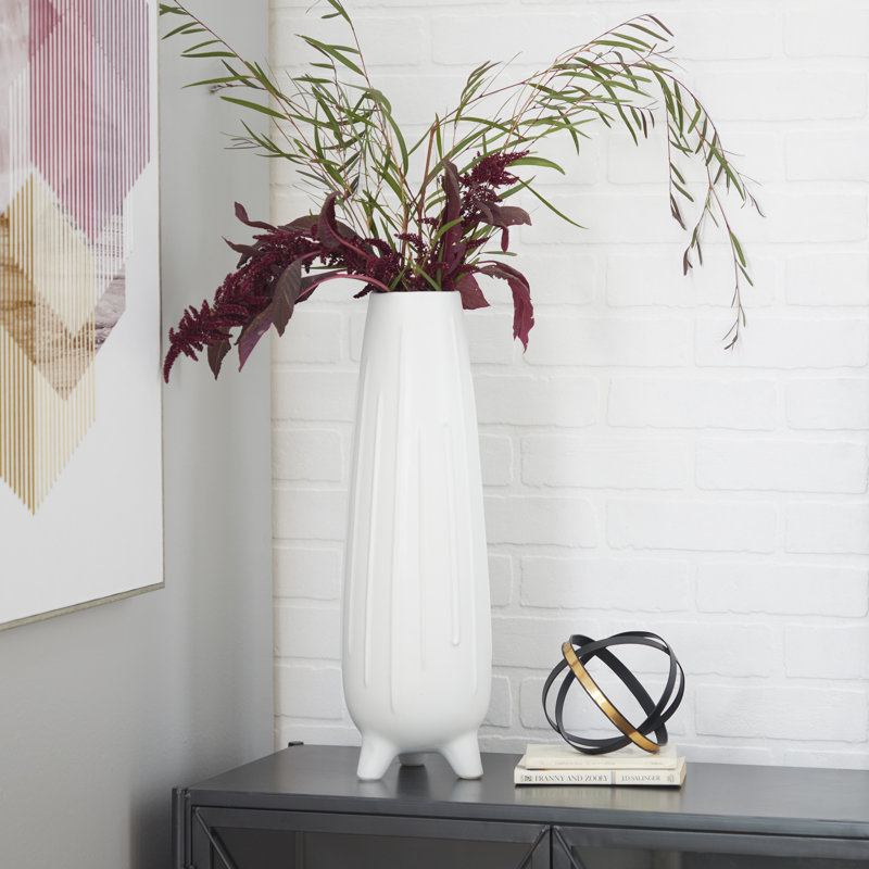 Elevated Geometric White Ceramic Round Vase 20"