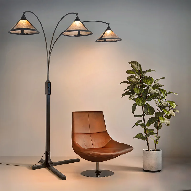 Charcoal Gray Gunmetal 3-Light Arc Floor Lamp with Amber Mica Shades